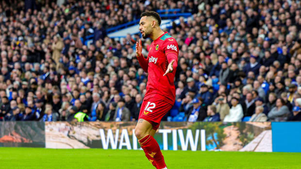 Matheus Cunha pictured celebrating one of his three goals during a 4-2 win for Wolves against Chelsea in February 2024
